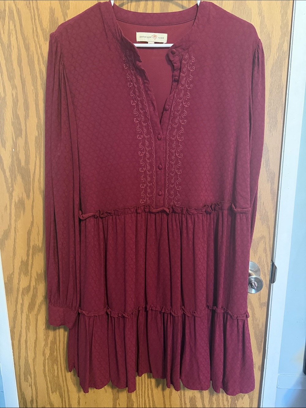 Women’s Long-Sleeve Tiered Dress in Wine Red — Embroidered Placket